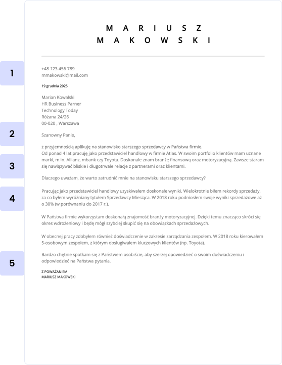 Przykładowe CV z zaznaczonymi punktami od 1 do 5