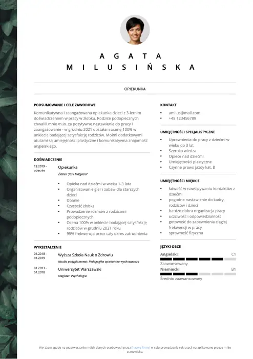 wzór cv opiekunki w żłobku