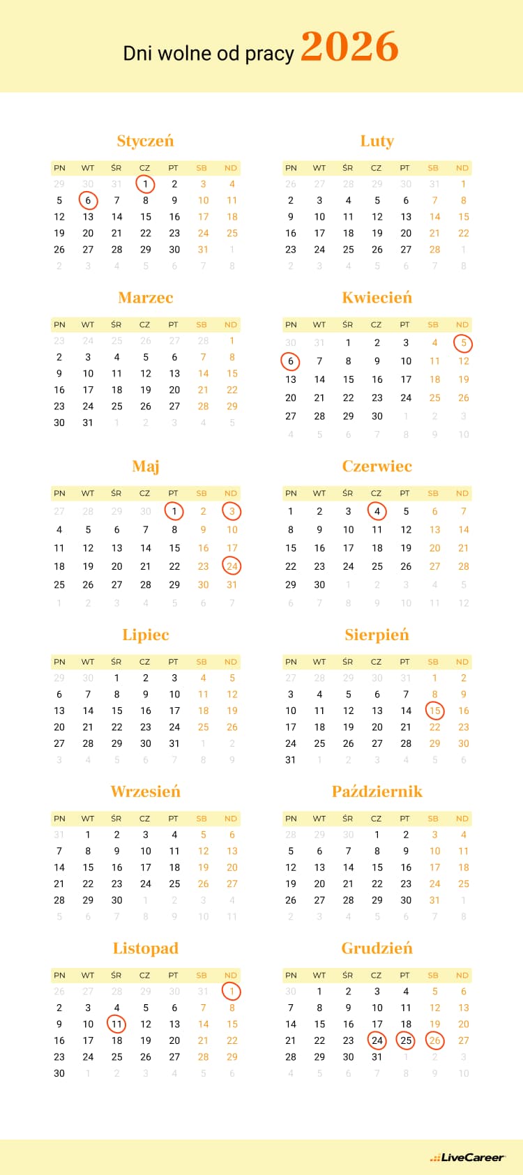 Dni wolne od pracy 2026