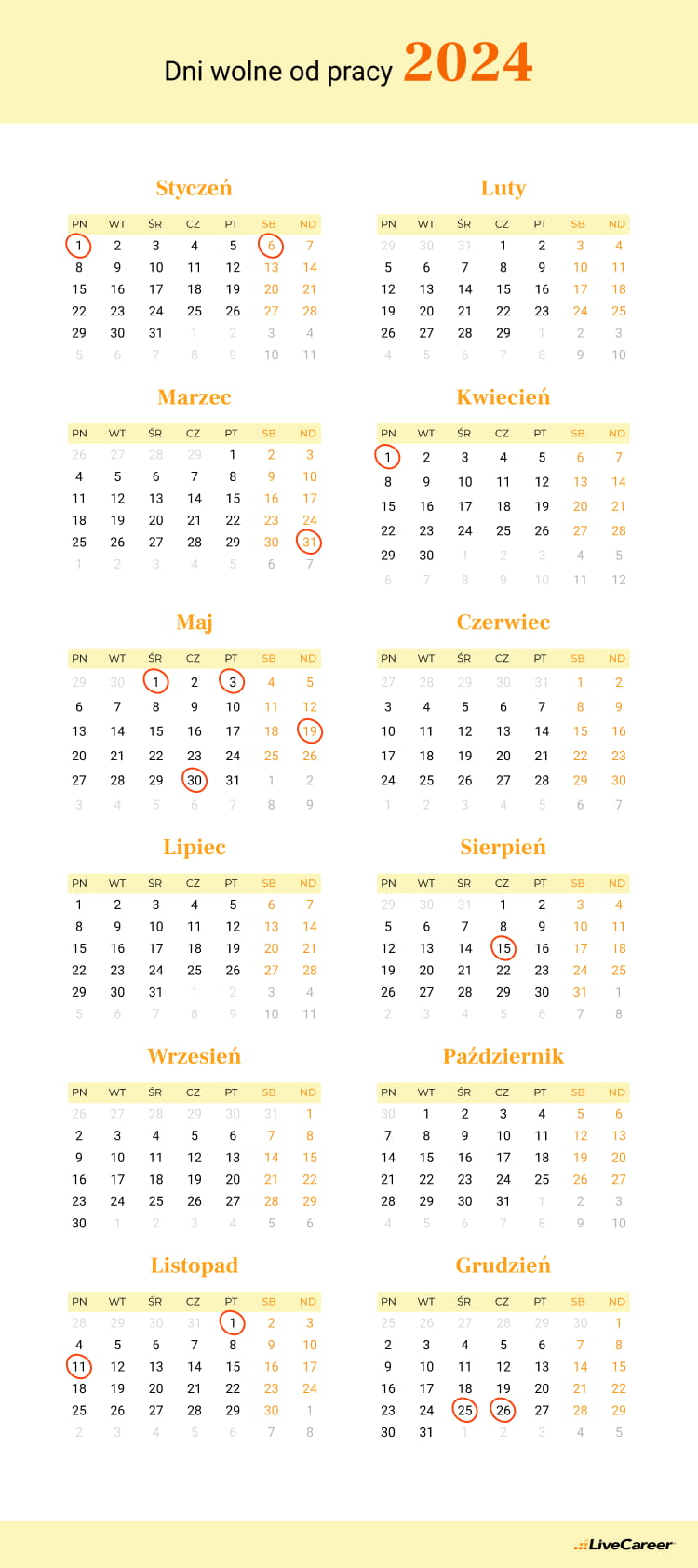 kalendarz dni wolnych od pracy