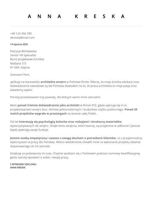 wzór listu motywacyjnego architekta