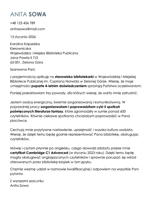 wzór listu motywacyjnego bibliotekarza