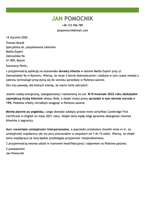 wzór listu motywacyjnego do Media Expert