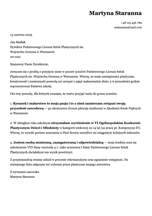 wzór listu motywacyjnego do szkoły ponadpodstawowej