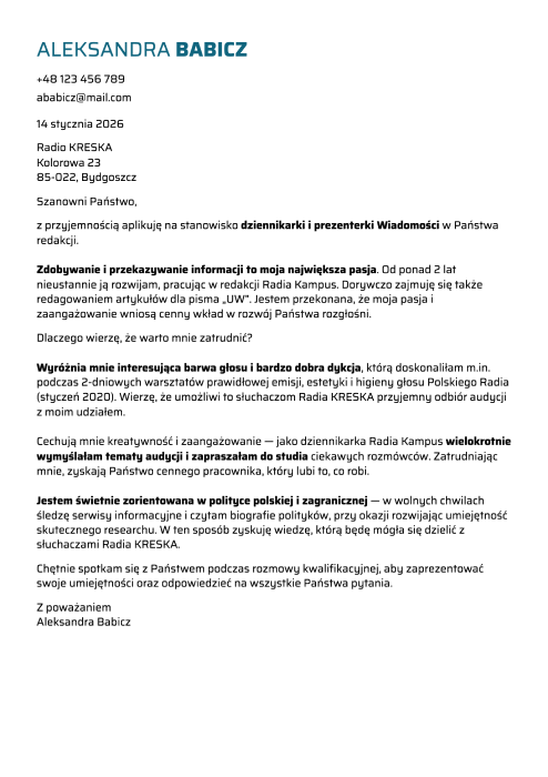 wzór listu motywacyjnego dziennikarza
