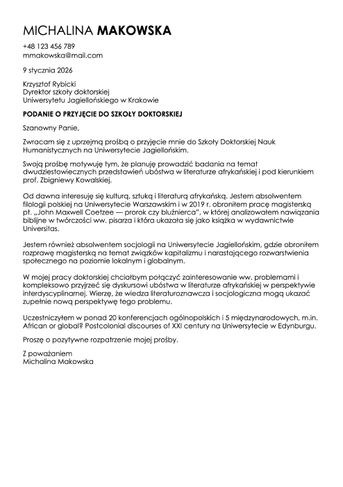 wzór listu motywacyjnego na studia