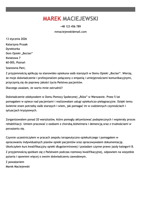 wzór listu motywacyjnego opiekuna medycznego