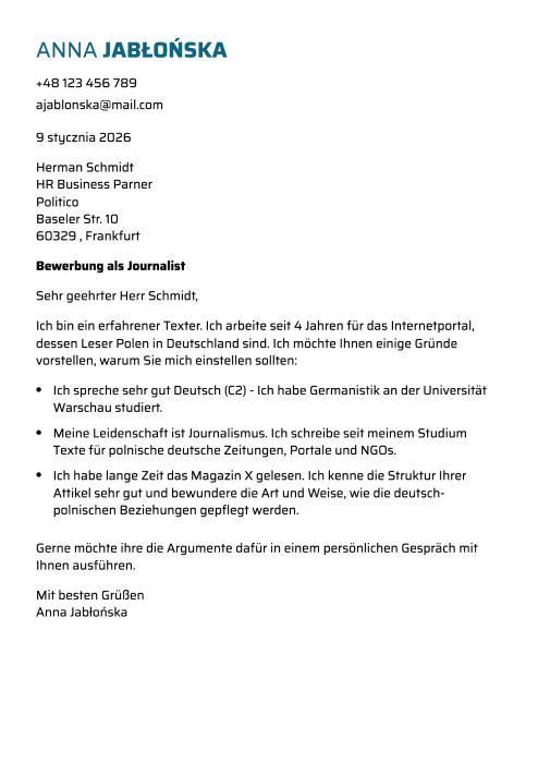 wzór listu motywacyjnego po niemiecku