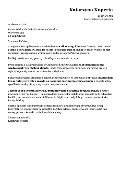 wzór listu motywacyjnego do pracy na poczcie