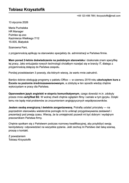 wzór listu motywacyjnego do pracy biurowej