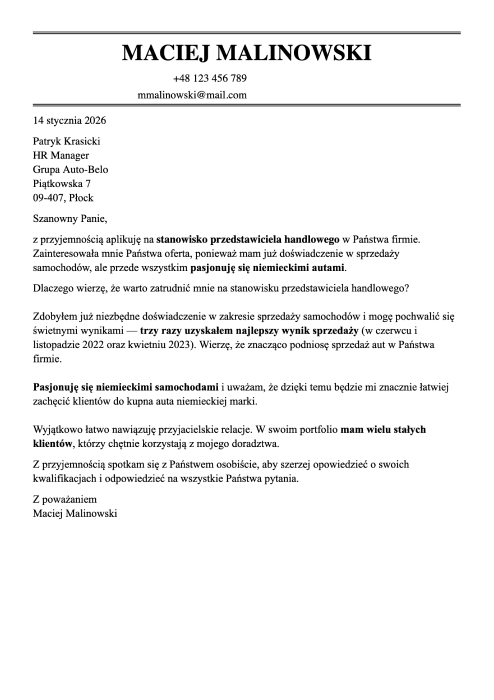 wzór listu motywacyjnego przedstawiciela handlowego