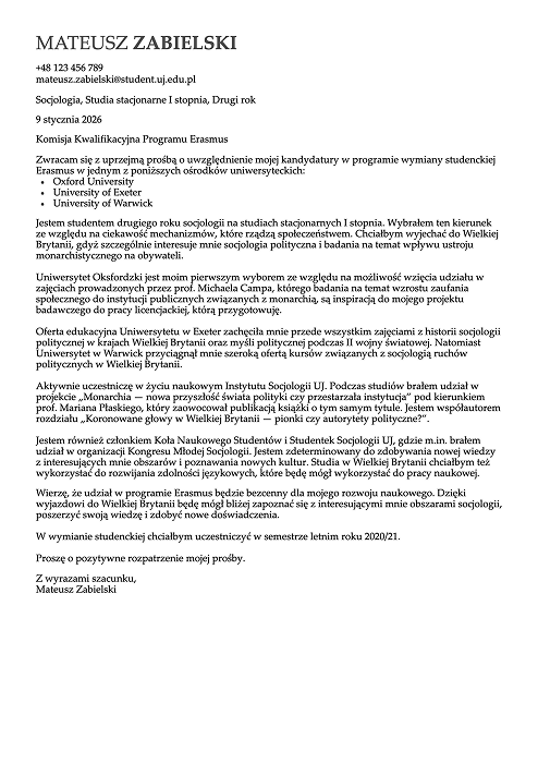wzór listu motywacyjnego na Erasmus
