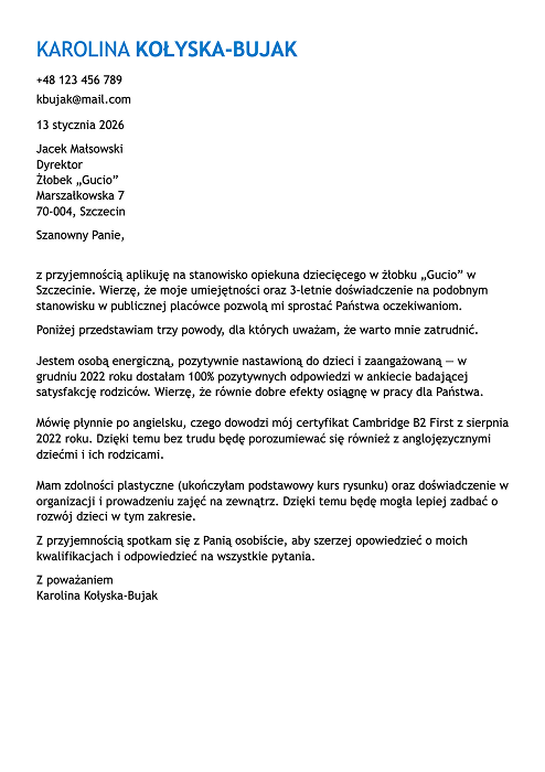 wzór listu motywacyjnego do żłobka