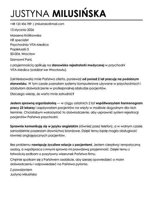 wzór listu motywacyjnego rejestratorki medycznej