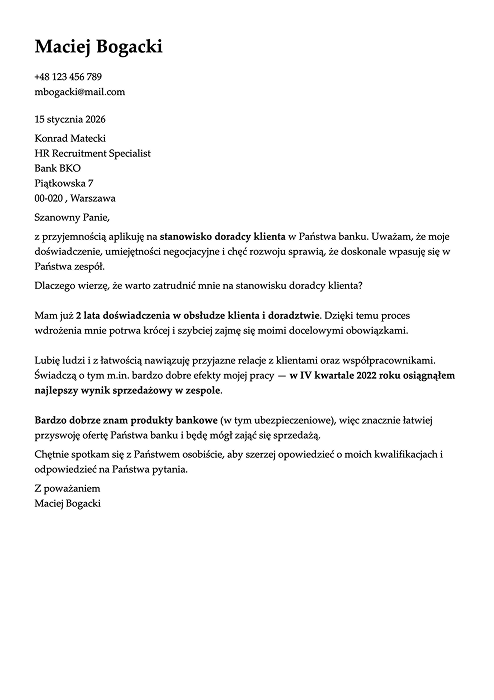 wzór listu motywacyjnego do banku