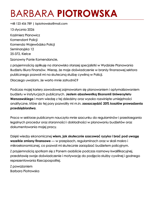 wzór listu motywacyjnego do pracy w policji w biurze