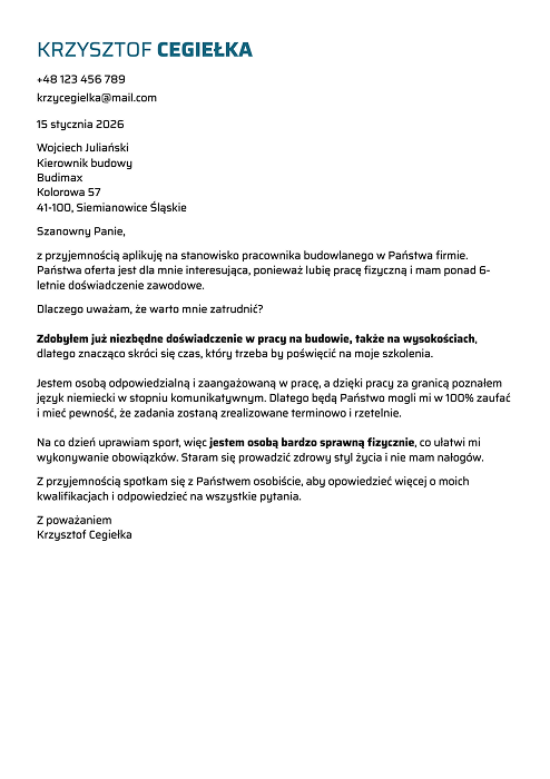 wzór listu motywacyjnego budowlańca