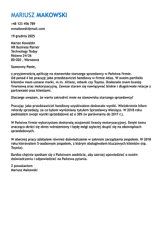 klasyczny szablon listu motywacyjnego